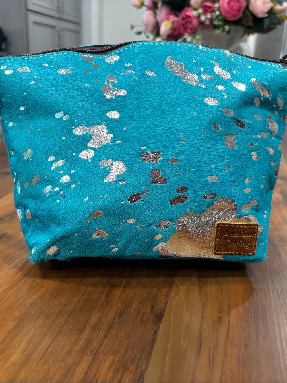 American Darling Turquoise Cowhide Leather Zipper Clutch w brown trim and strap - Picture 6 of 9